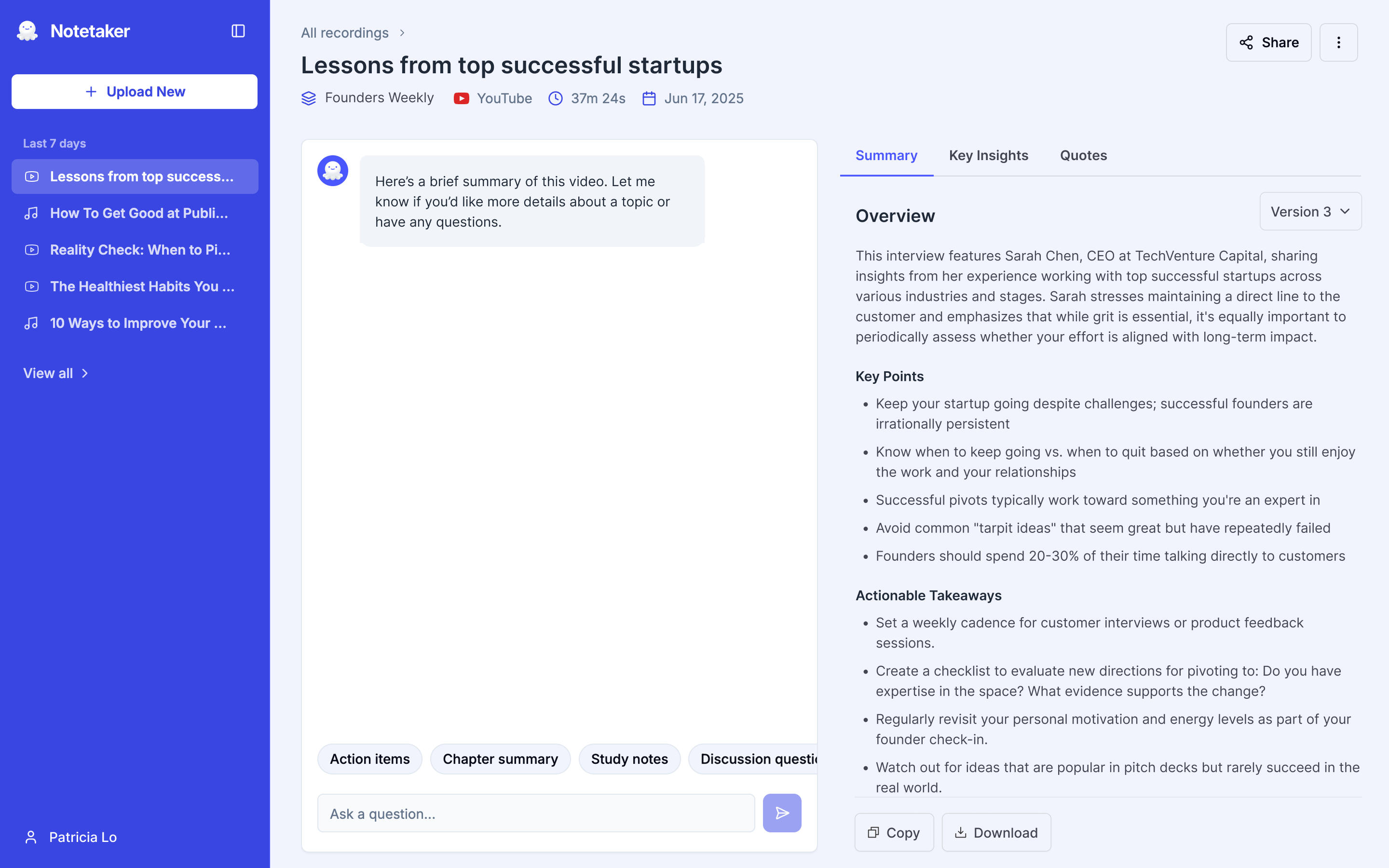 A screenshot of the Notetaker application, showing a summary of a recording titled 'Lessons from top successful startups'.